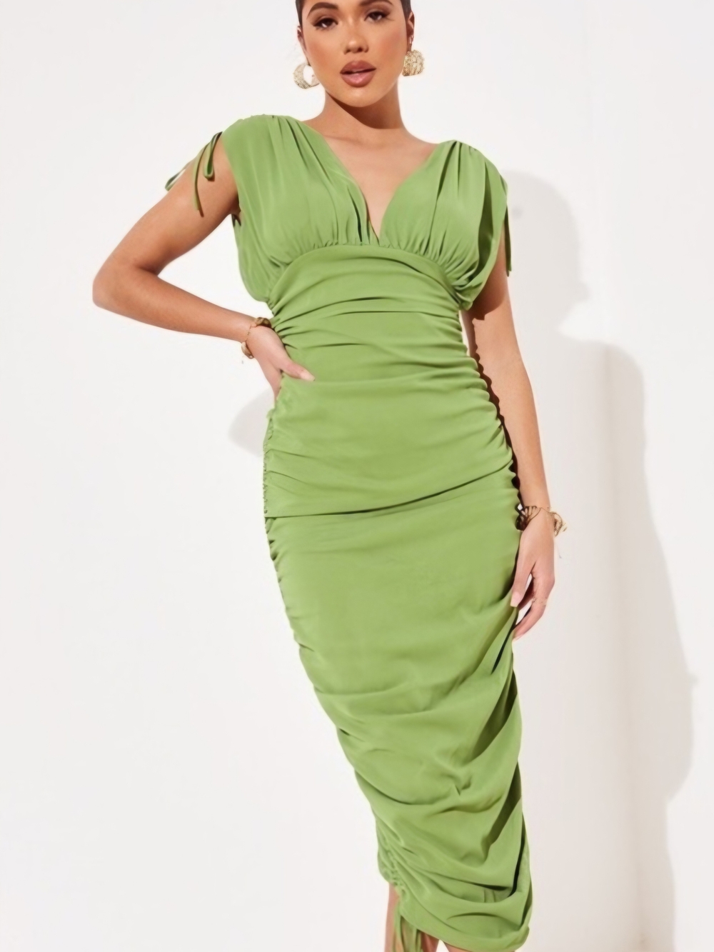 PrettyLittleThing Olive Sage Green Ruched Adjustable Length Dress Hoco Party